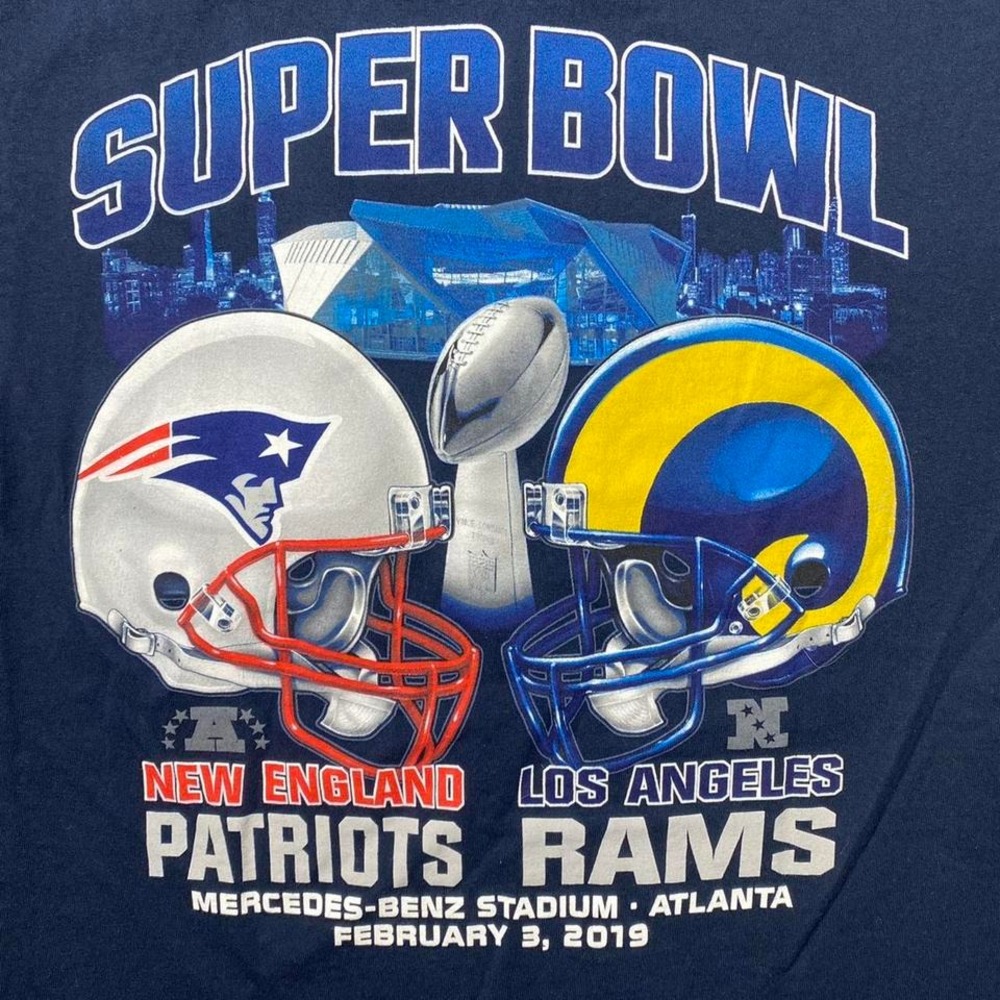 2019 Super Bowl Rams vs Patriots football shirt